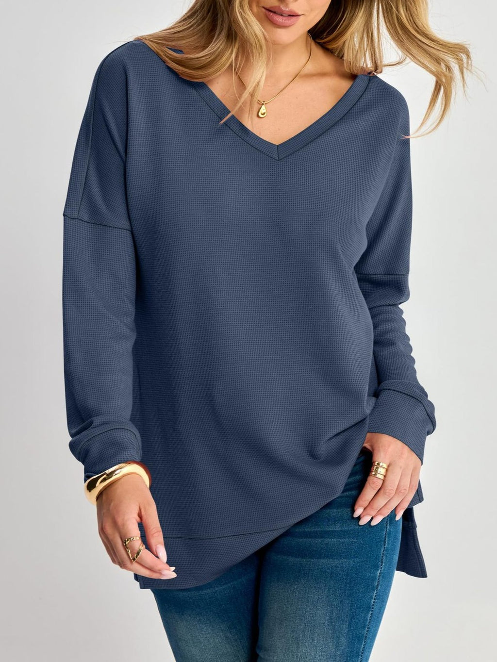 Waffle Knit V Neck Blouse With Side Slits - Blue
