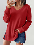 Waffle Knit V Neck Blouse With Side Slits - Red