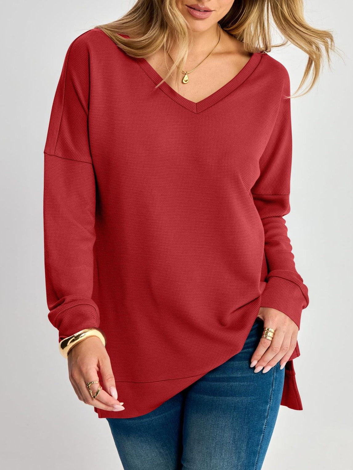 Waffle Knit V Neck Blouse With Side Slits - Red - 1