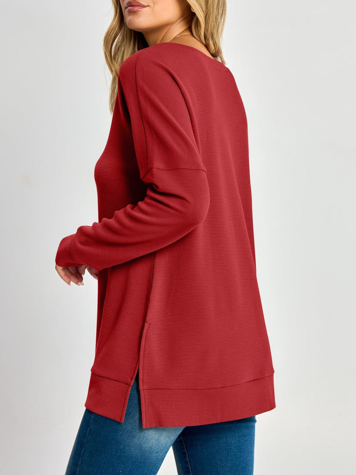 Waffle Knit V Neck Blouse With Side Slits - Red - 2