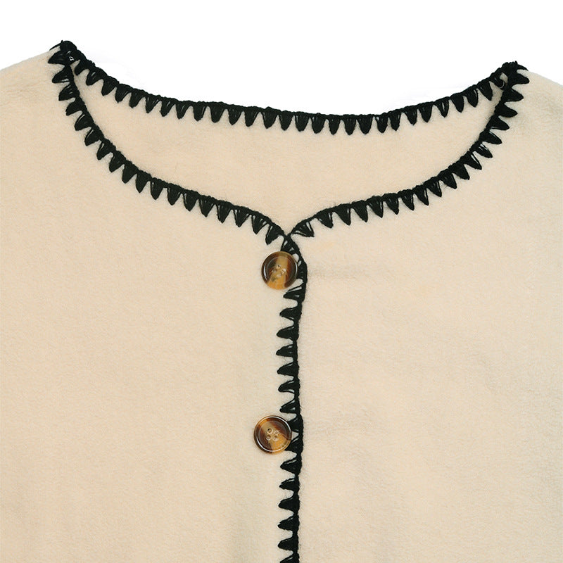 Blanket Stitch Fleece Button Cardigan - Apricot - 1