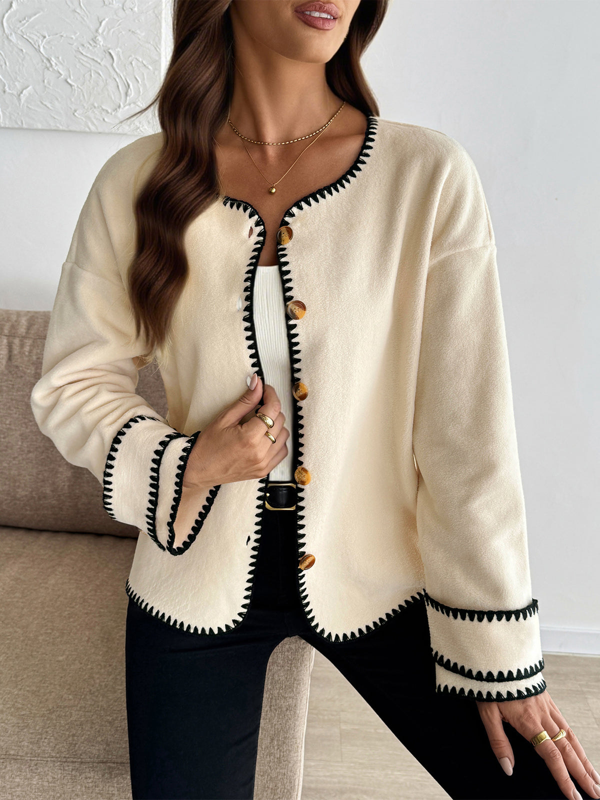 Blanket Stitch Fleece Button Cardigan - Apricot - 3