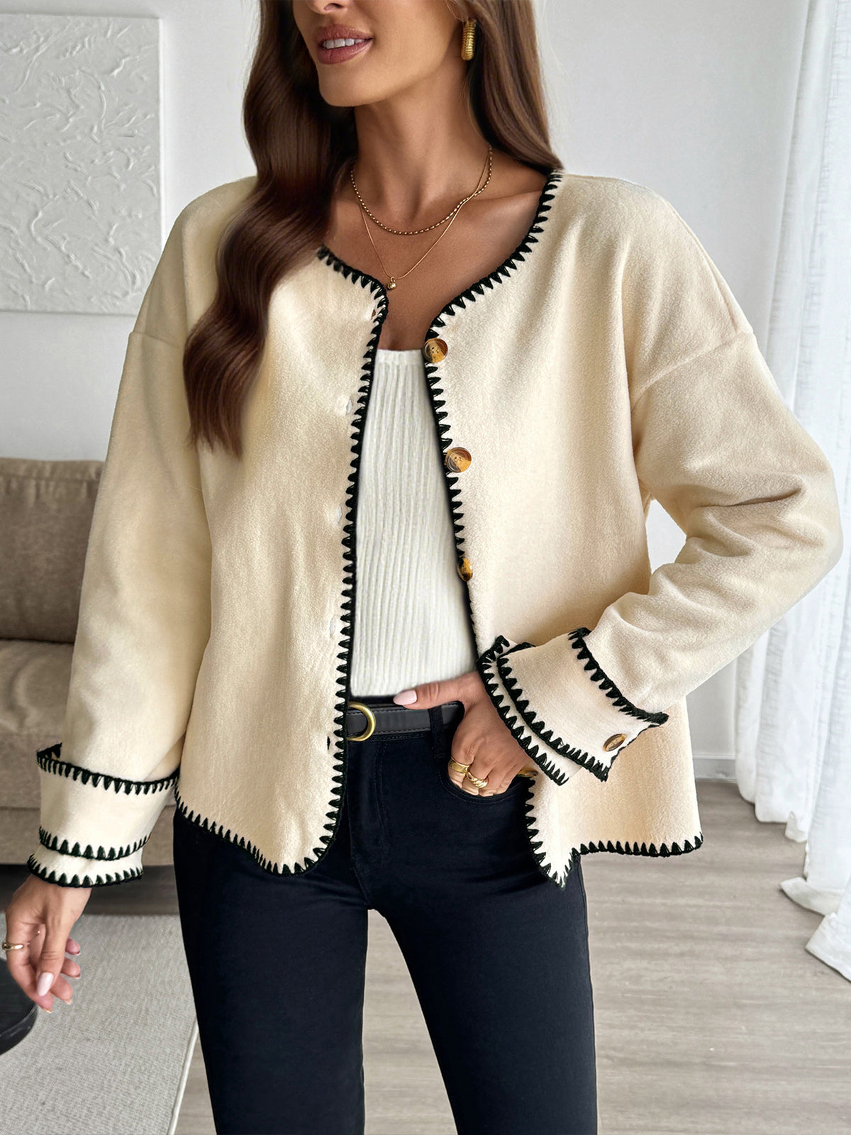 Blanket Stitch Fleece Button Cardigan - Apricot - 4