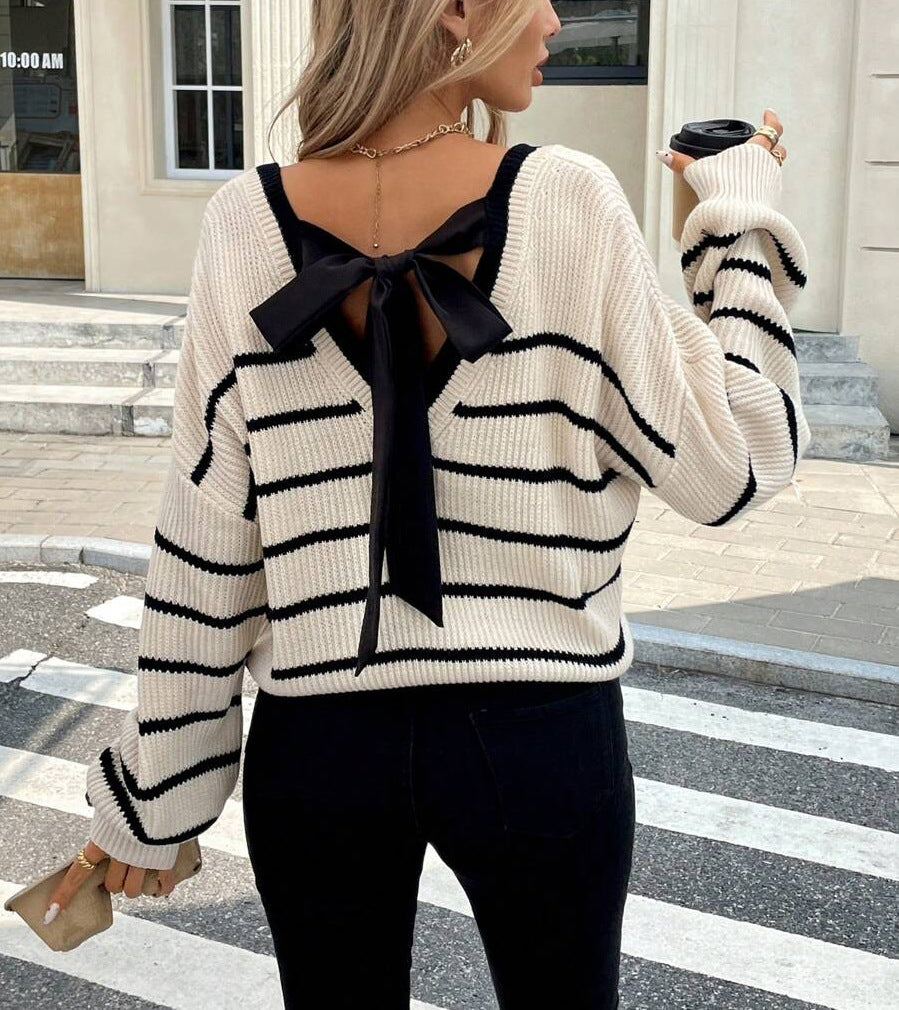 Striped Open Back Bow Tie Knit Sweater - Stripe