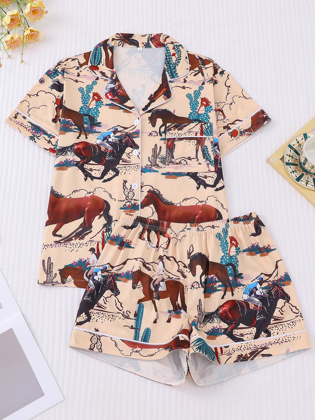 Western Horse Print Short Pajama Set - Apricot