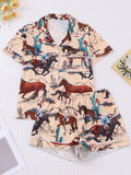 Western Horse Print Short Pajama Set - Apricot