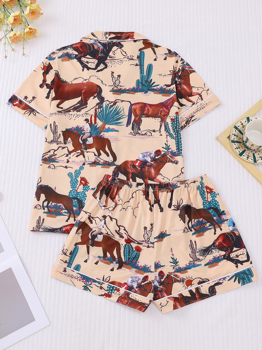 Western Horse Print Short Pajama Set - Apricot - 1