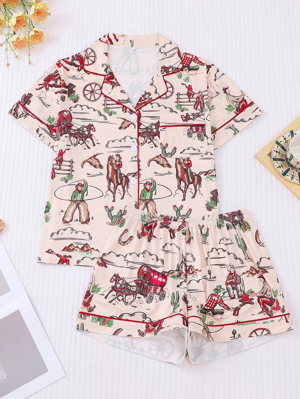 Western Horse Print Short Pajama Set - Beige
