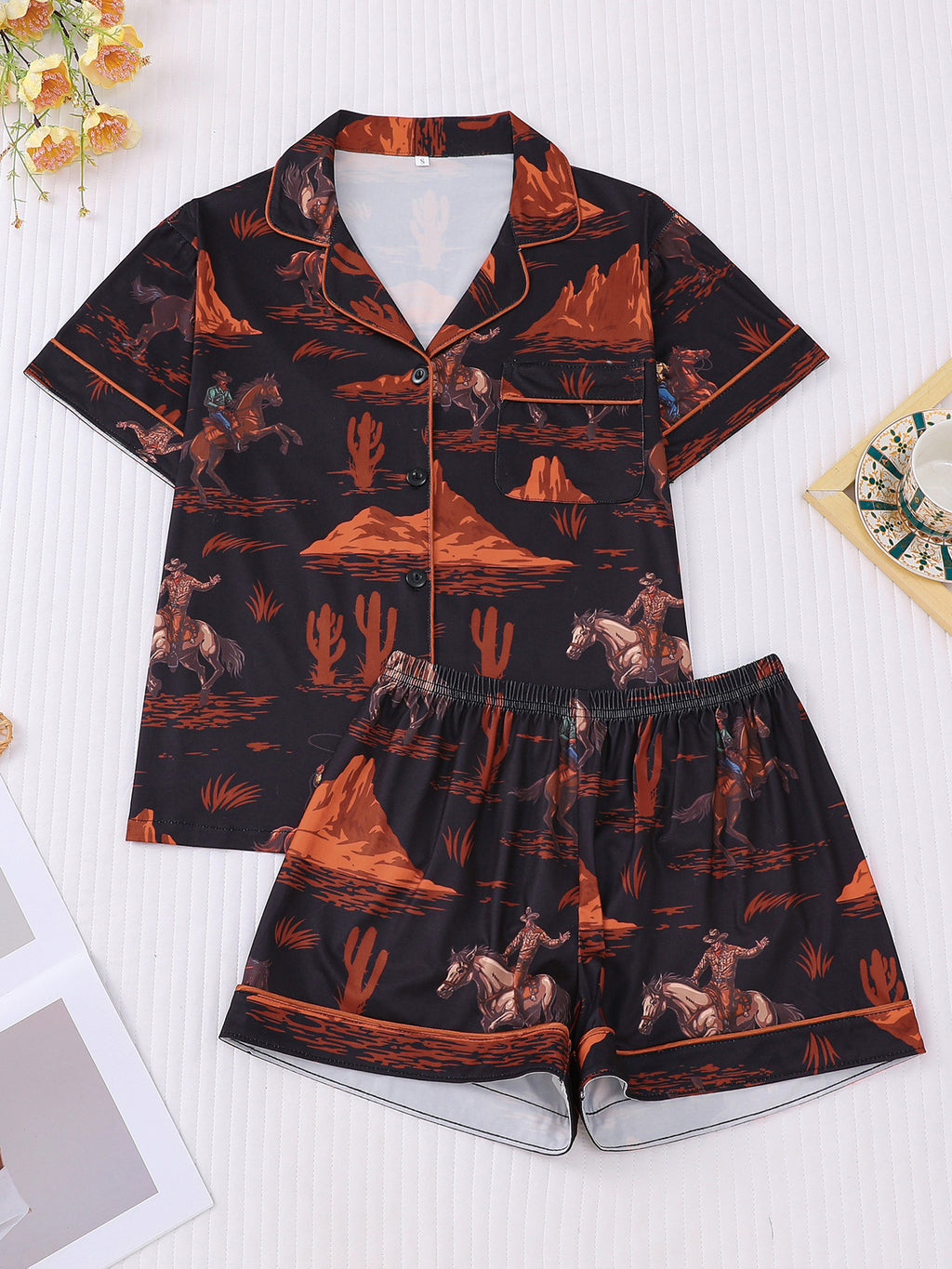 Western Horse Print Short Pajama Set - Black
