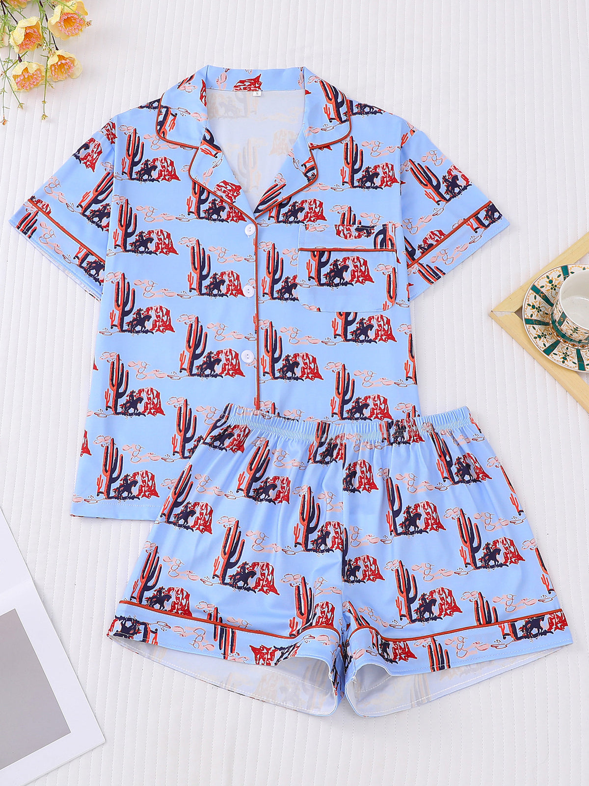 Western Horse Print Short Pajama Set - Blue
