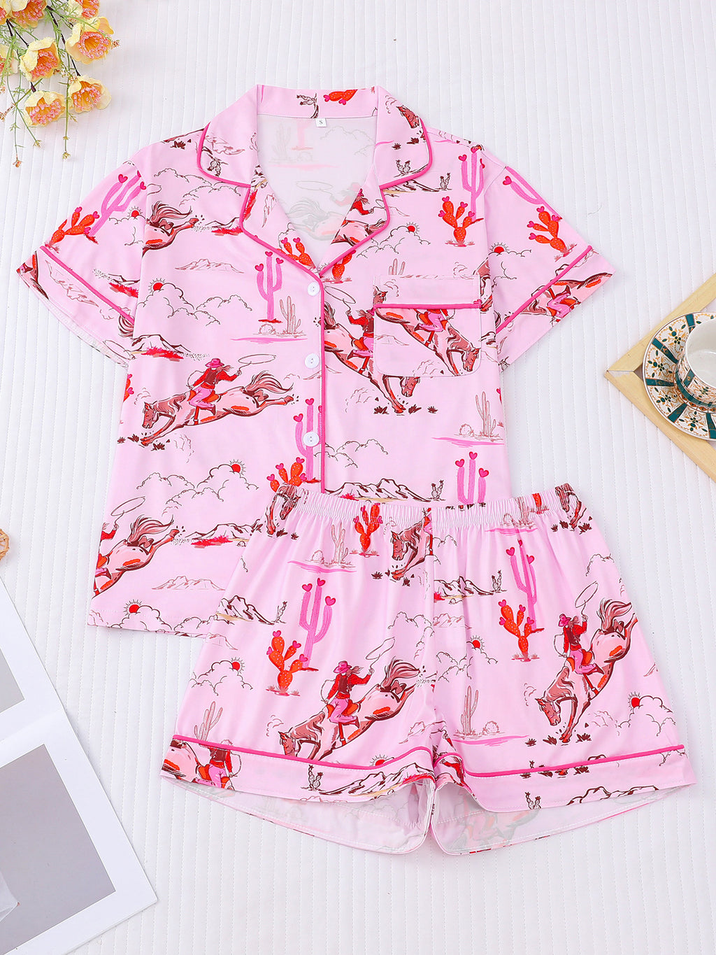 Western Horse Print Short Pajama Set - Pink
