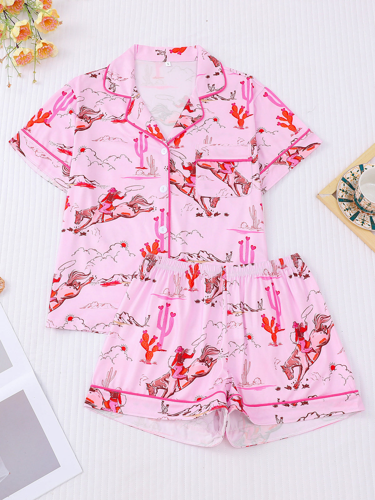 Western Horse Print Short Pajama Set - Pink