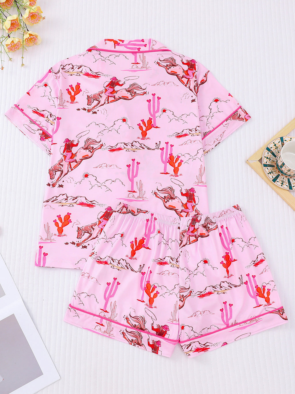 Western Horse Print Short Pajama Set - Pink - 1