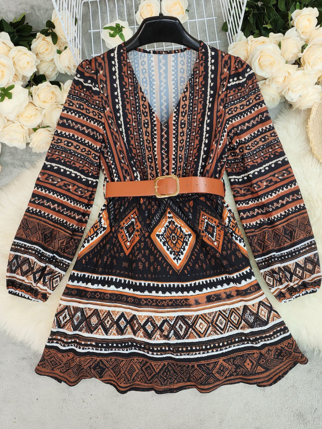 Boho Aztec Print Belted Mini Dress - view 1