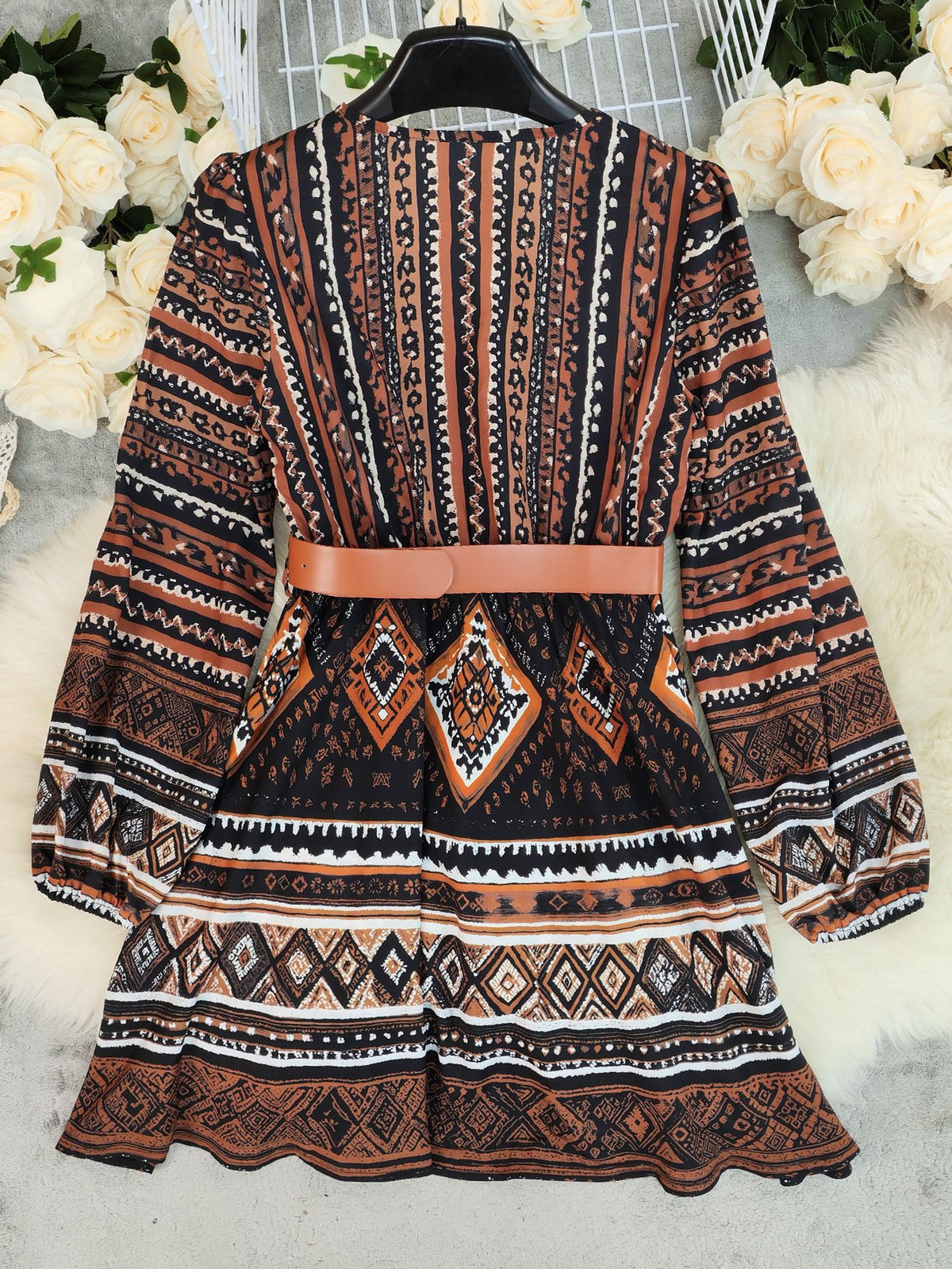 Boho Aztec Print Belted Mini Dress - view 2