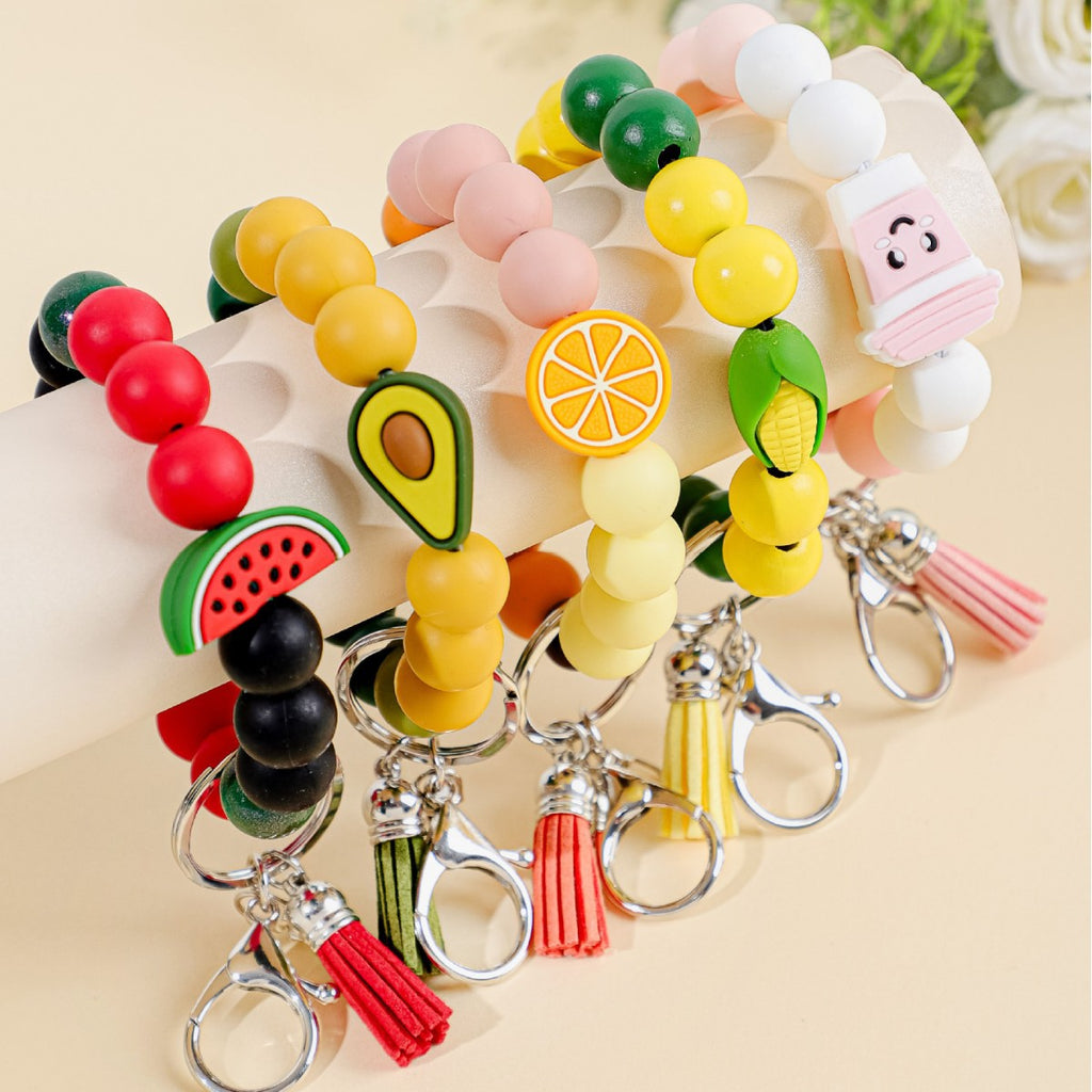 Wristlet Keychain With Cartoon Fruit Charm Beads - view 1