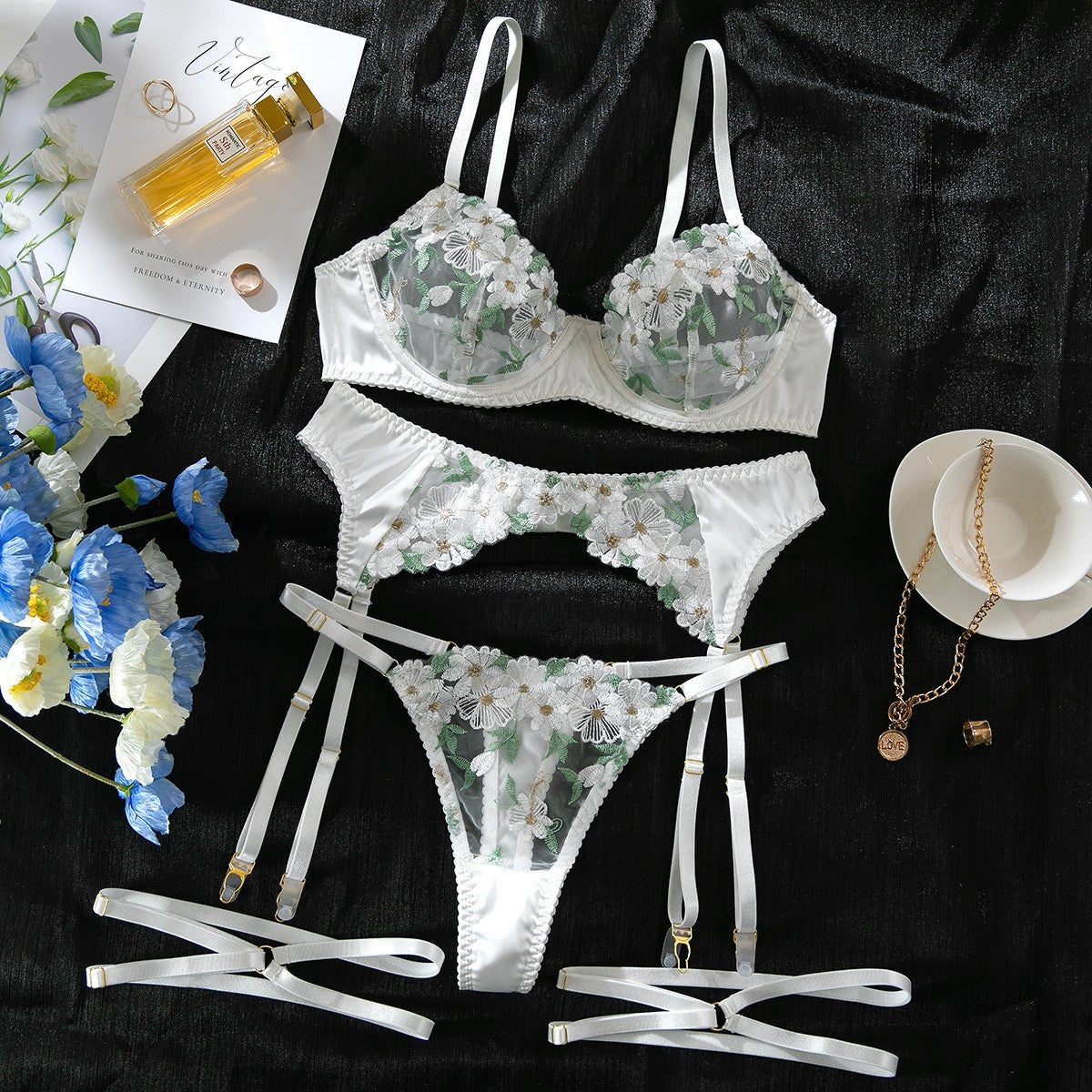 White Floral Embroidered Mesh Underwire Garter Set - White