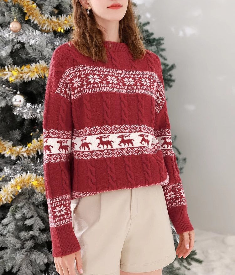 Fair Isle Reindeer Cable Knit Sweater - Red - 2