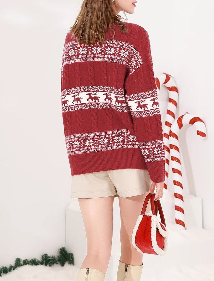 Fair Isle Reindeer Cable Knit Sweater - Red - 5