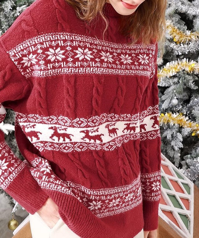 Fair Isle Reindeer Cable Knit Sweater - Red - 6