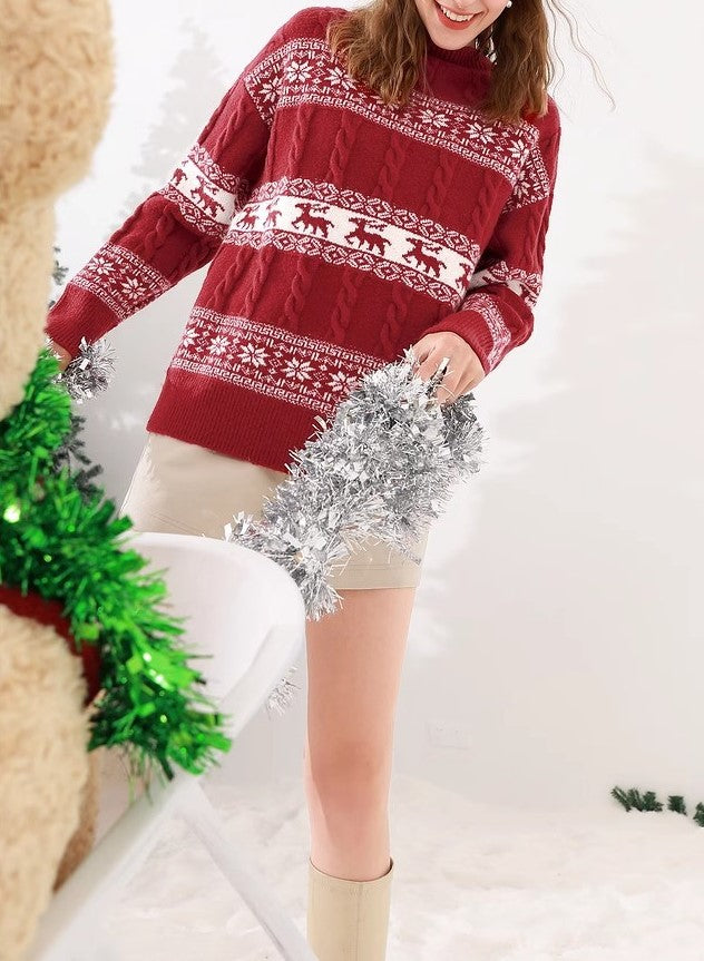 Fair Isle Reindeer Cable Knit Sweater - Red - 7