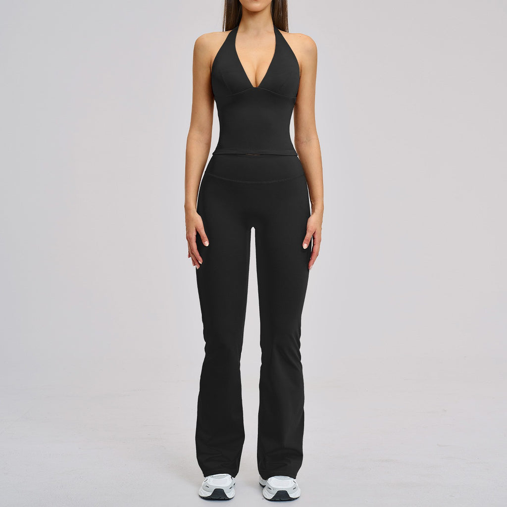 Brushed Halter V-Neck Tank Flare Leggings Yoga Set - Black