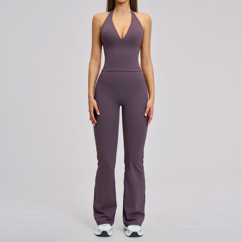 Brushed Halter V-Neck Tank Flare Leggings Yoga Set - Eggplant