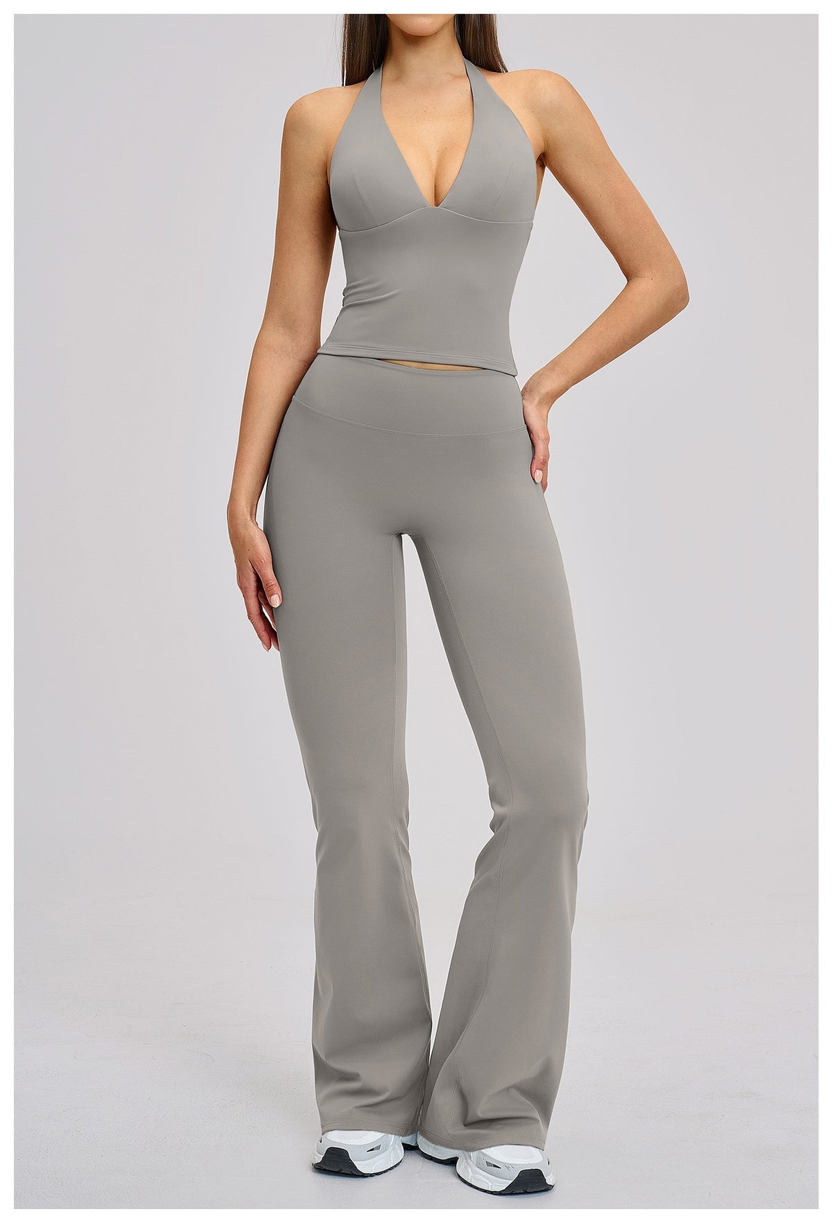 Brushed Halter V-Neck Tank Flare Leggings Yoga Set - Frost Gray