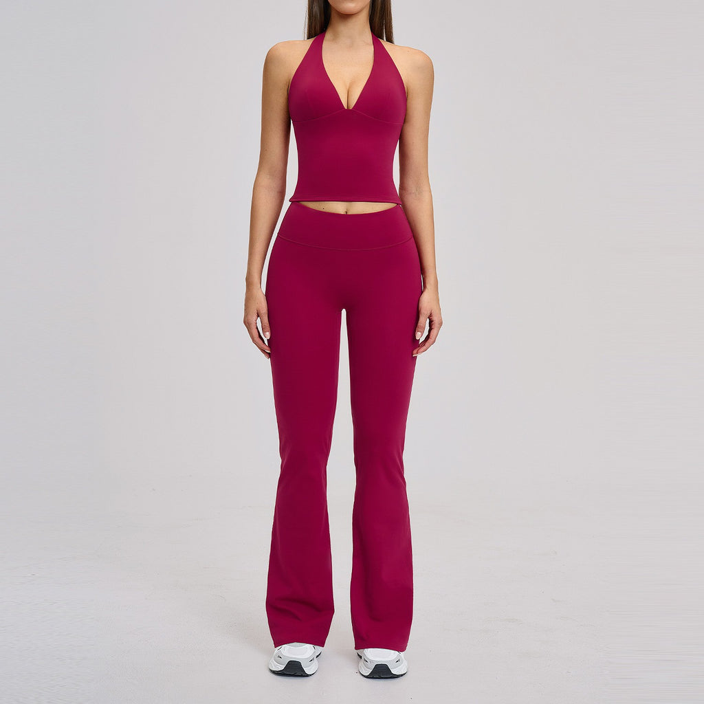 Brushed Halter V-Neck Tank Flare Leggings Yoga Set - Raspberry