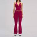 Brushed Halter V-Neck Tank Flare Leggings Yoga Set - Raspberry