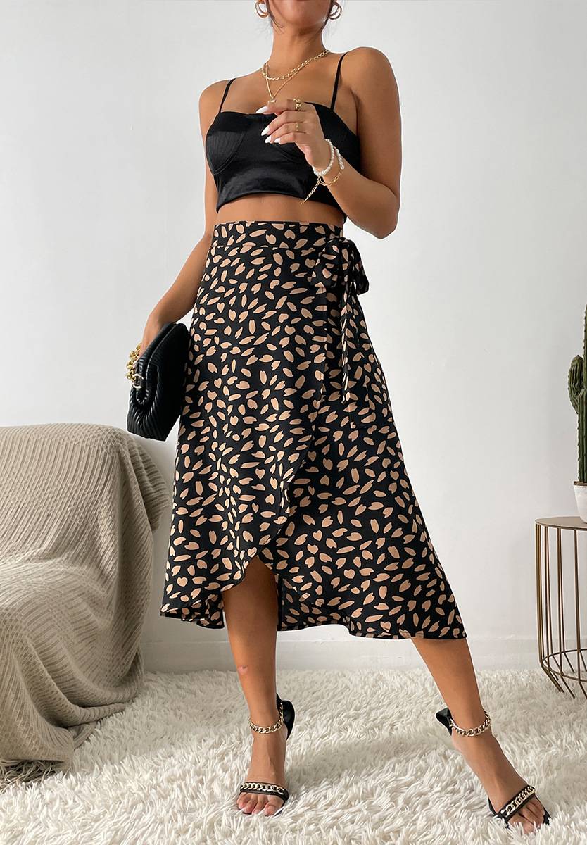 Polka Dot Ruffle Wrap Midi Skirt - BLACK