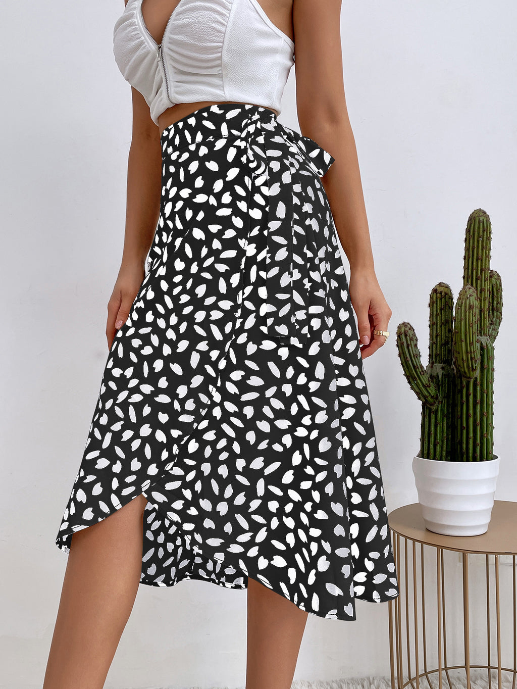 Polka Dot Ruffle Wrap Midi Skirt - BLACK AND WHITE