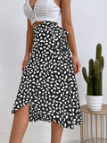 Polka Dot Ruffle Wrap Midi Skirt - BLACK AND WHITE