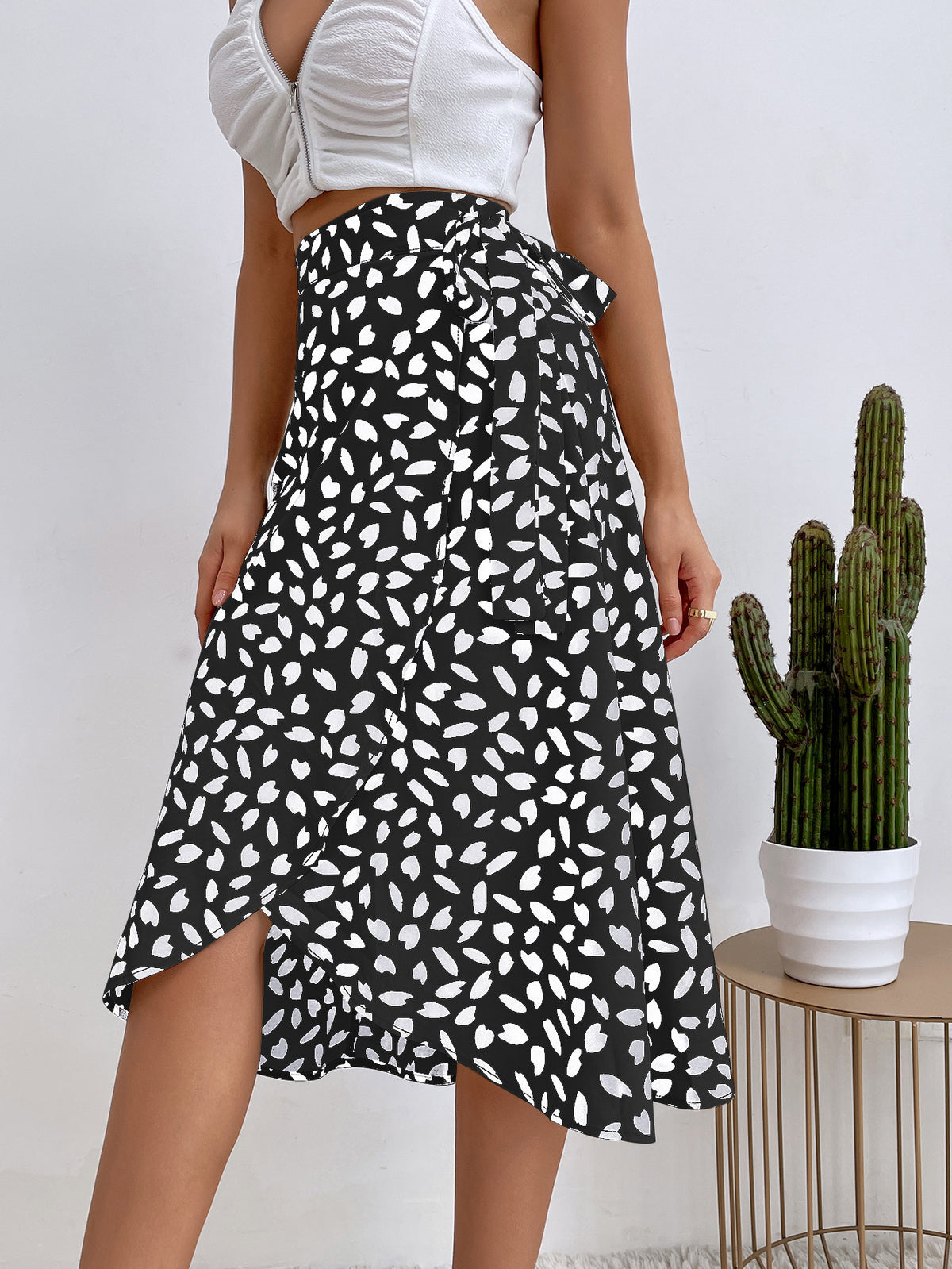 Polka Dot Ruffle Wrap Midi Skirt - BLACK AND WHITE