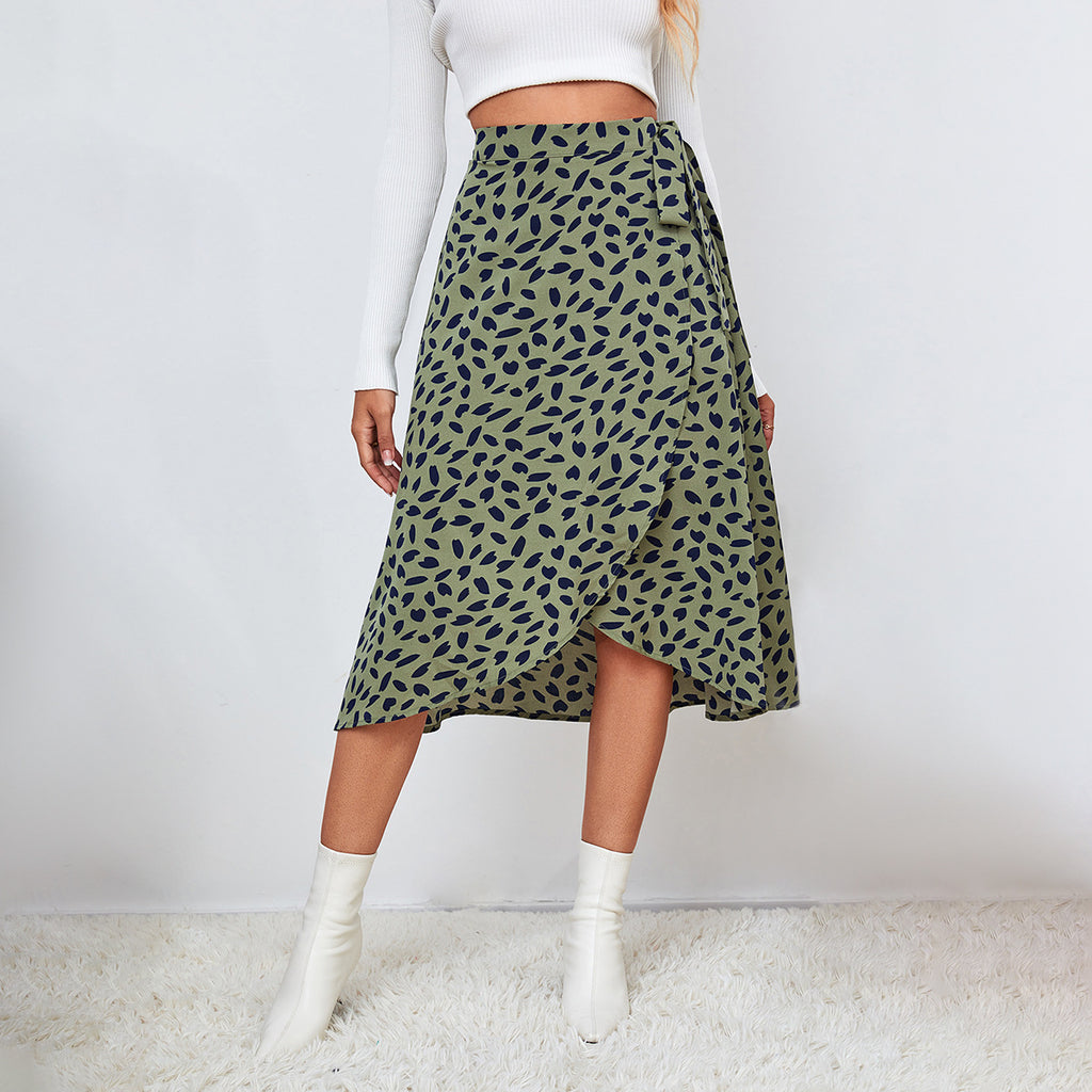 Polka Dot Ruffle Wrap Midi Skirt - GREEN