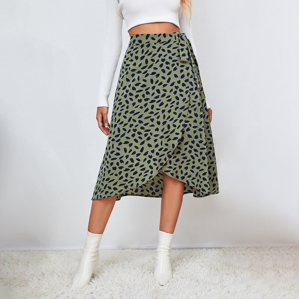 Polka Dot Ruffle Wrap Midi Skirt - GREEN
