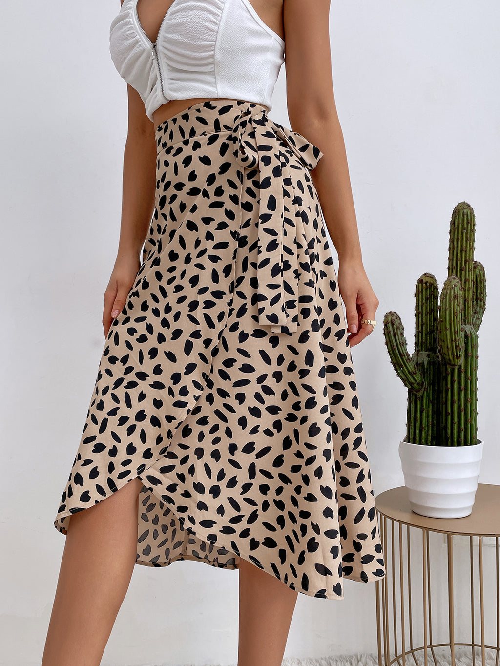 Polka Dot Ruffle Wrap Midi Skirt - KHAKI