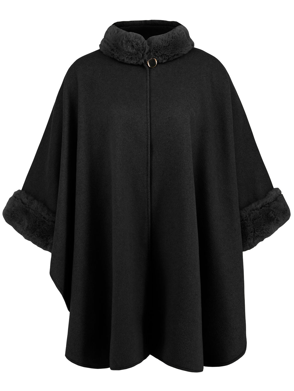 Faux Fur Trim Stand Collar Cape - Black