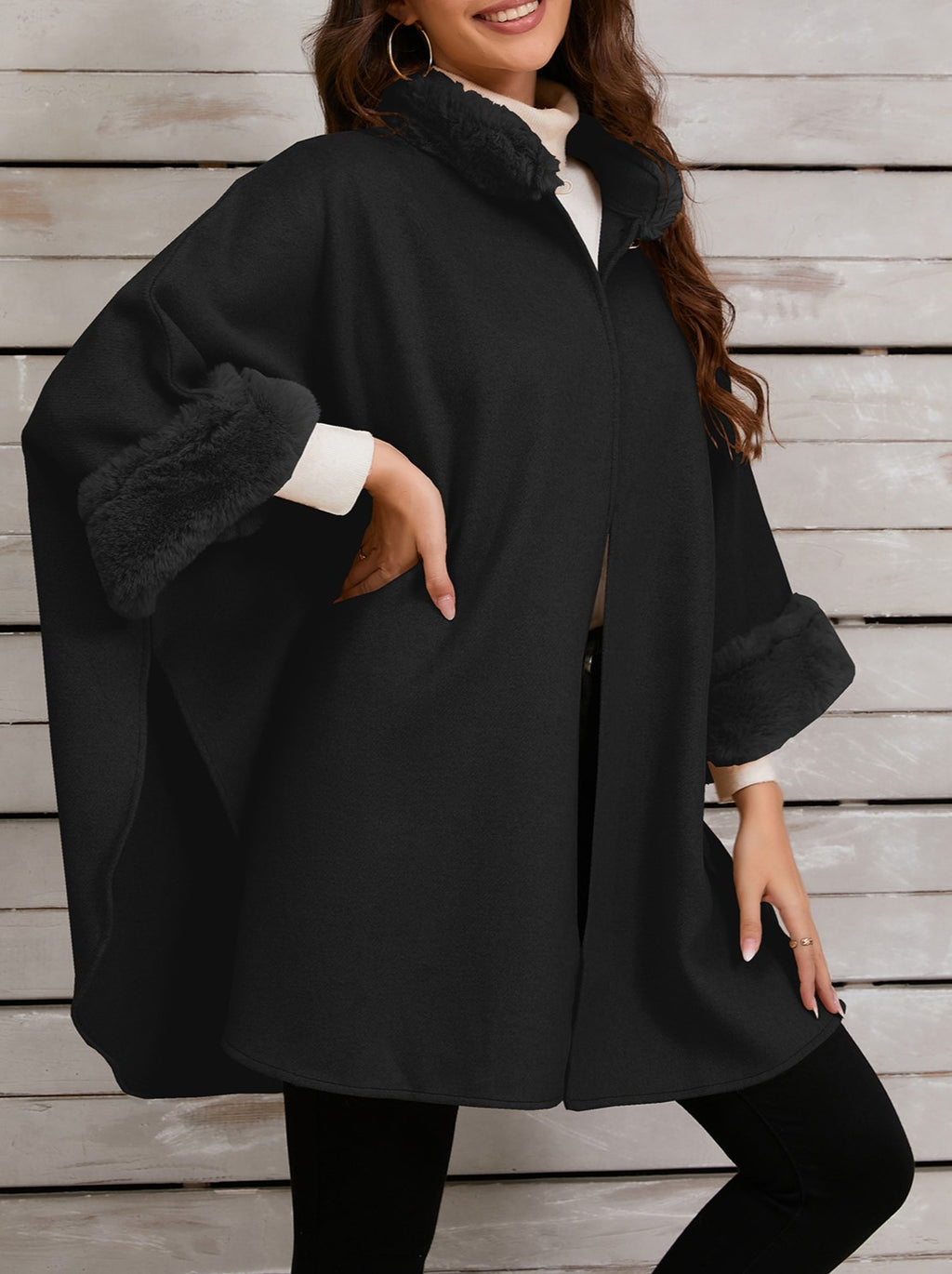 Faux Fur Trim Stand Collar Cape - Black - 1