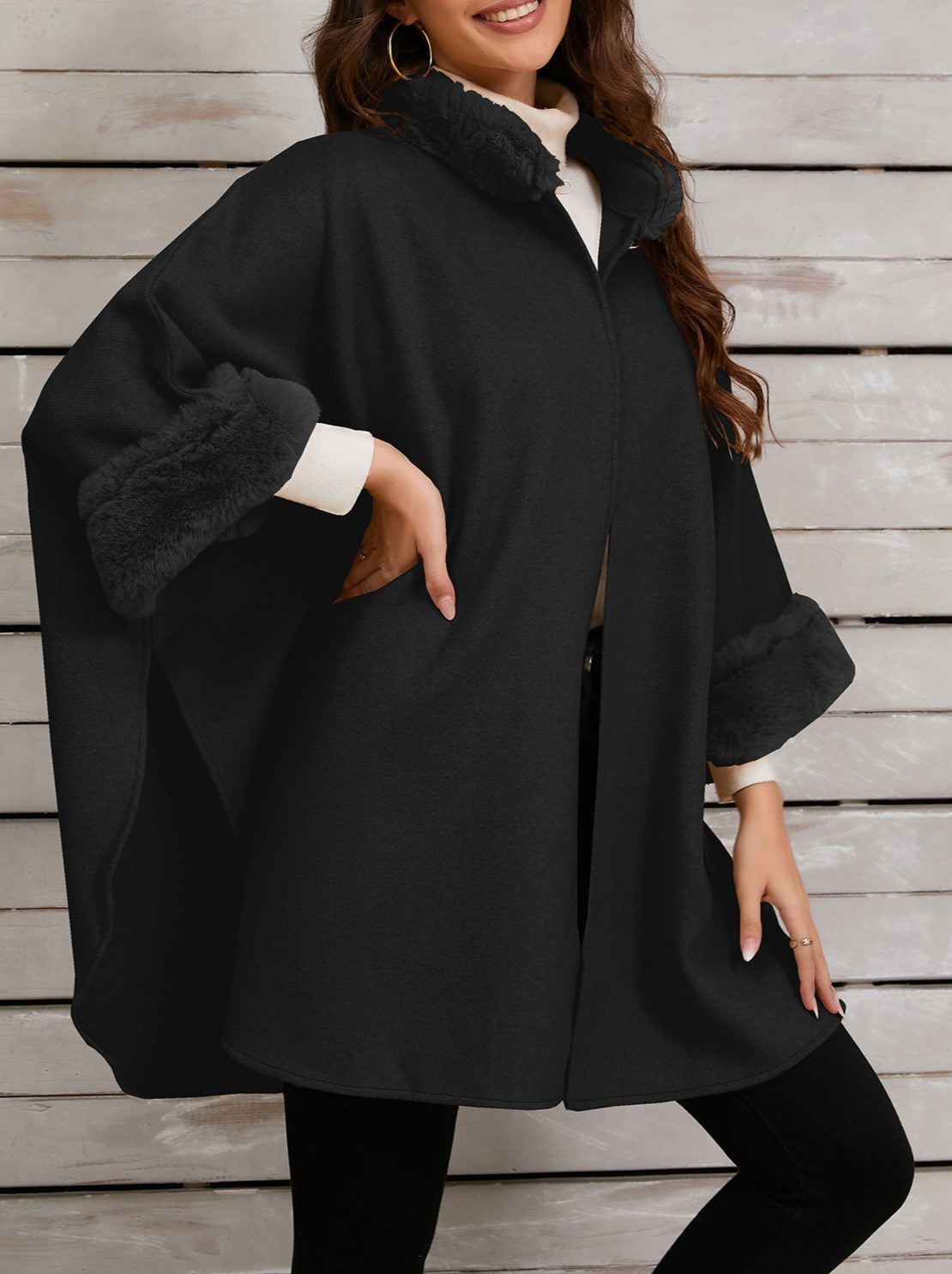 Faux Fur Trim Stand Collar Cape - Black - 1