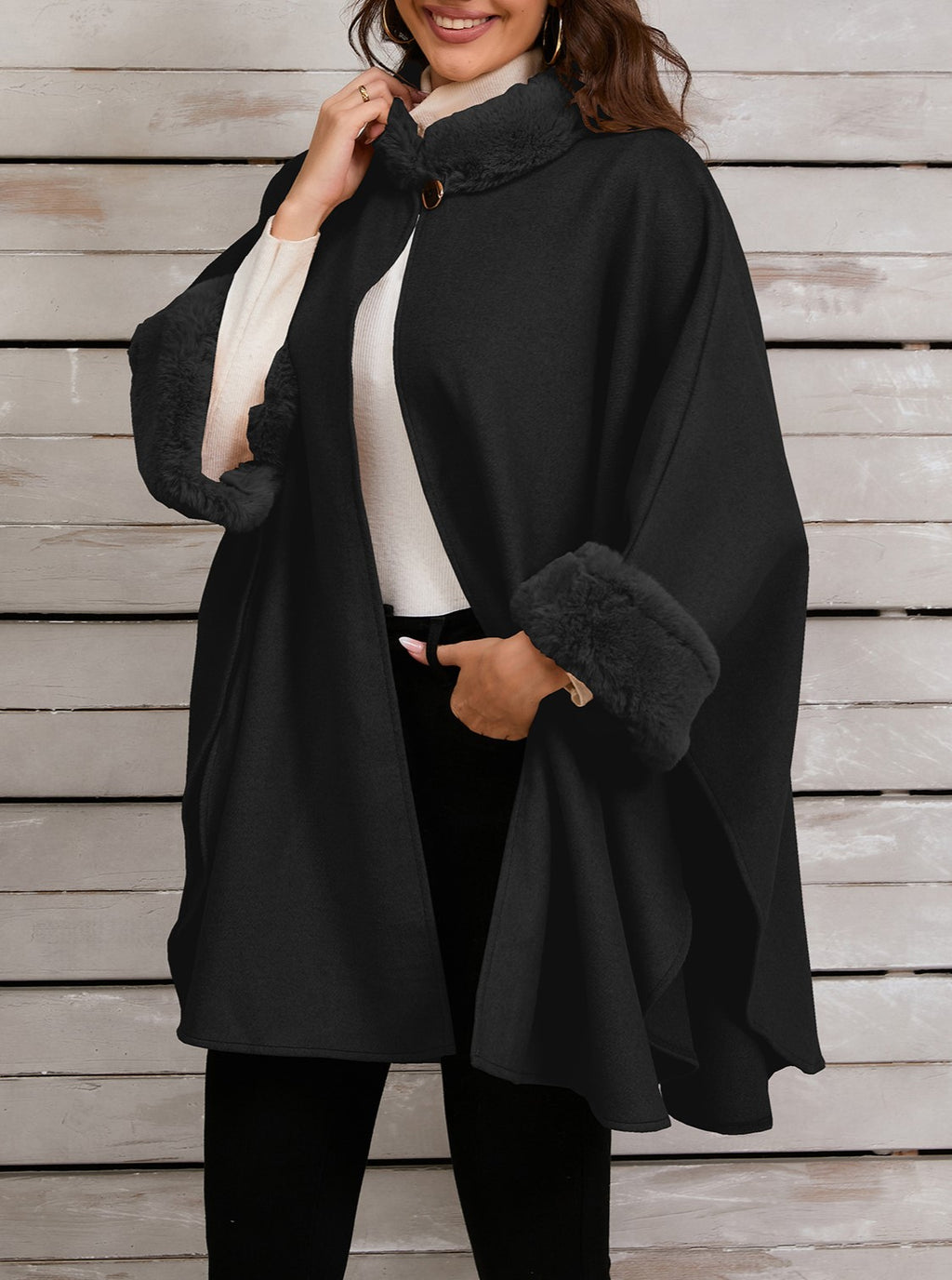 Faux Fur Trim Stand Collar Cape - Black - 2