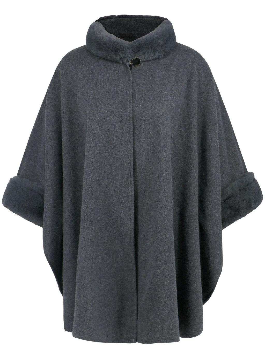 Faux Fur Trim Stand Collar Cape - Grey