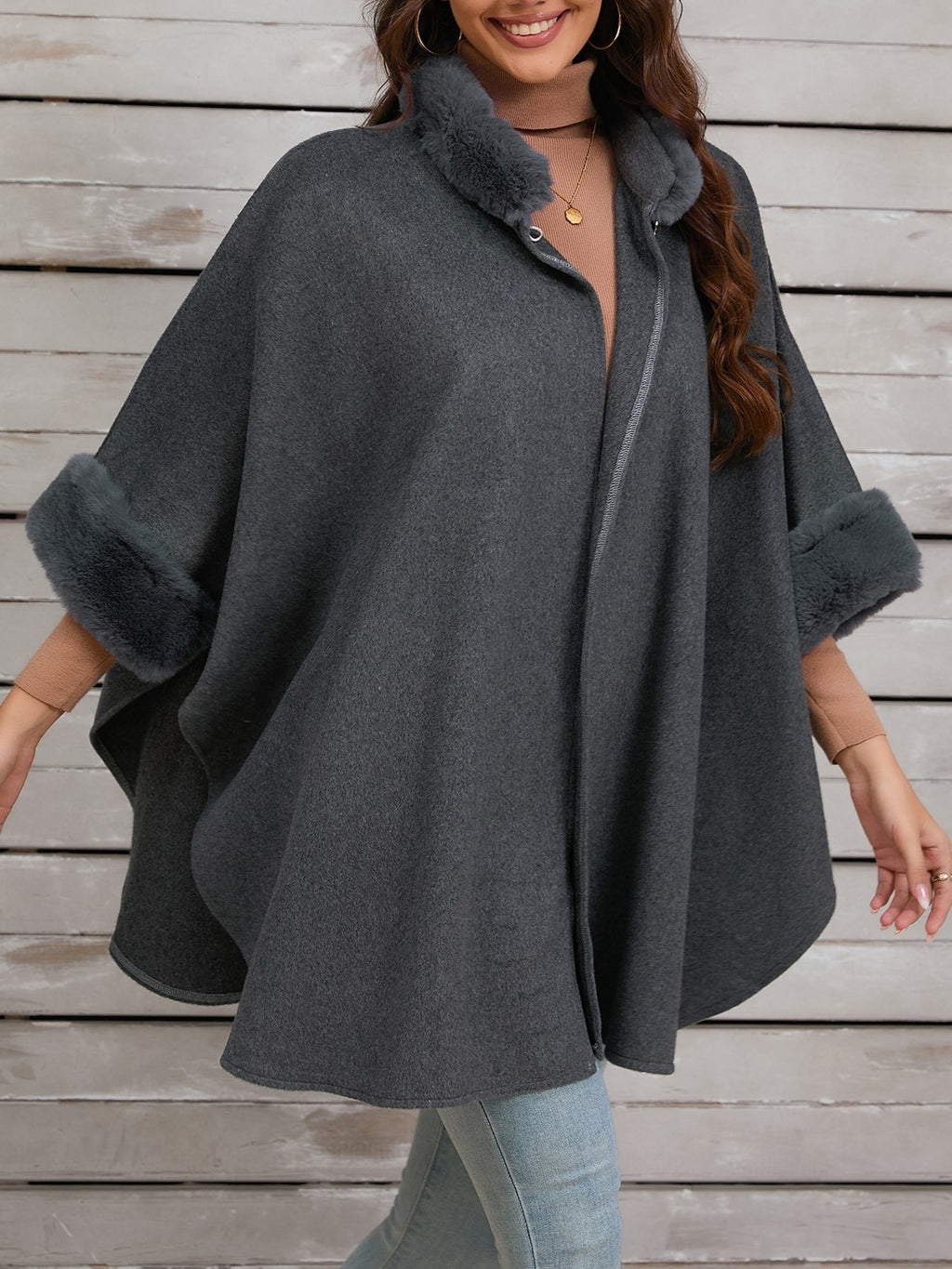 Faux Fur Trim Stand Collar Cape - Grey - 2