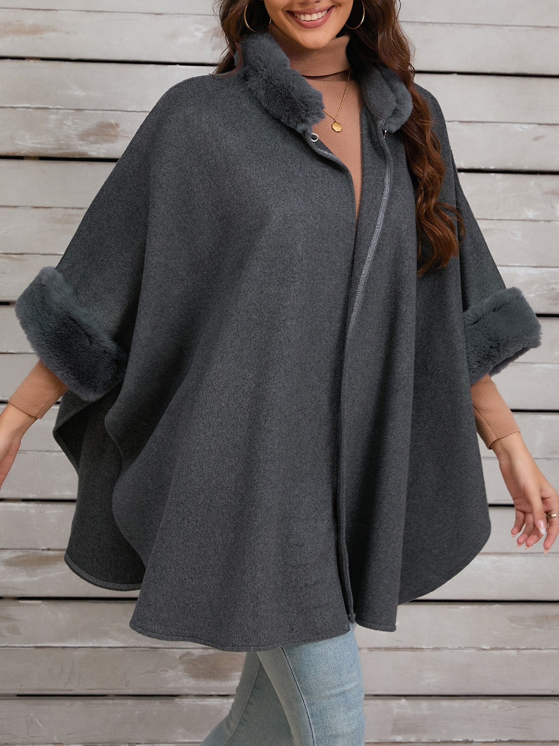 Faux Fur Trim Stand Collar Cape - Grey - 2