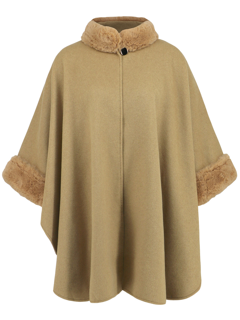 Faux Fur Trim Stand Collar Cape - Khaki