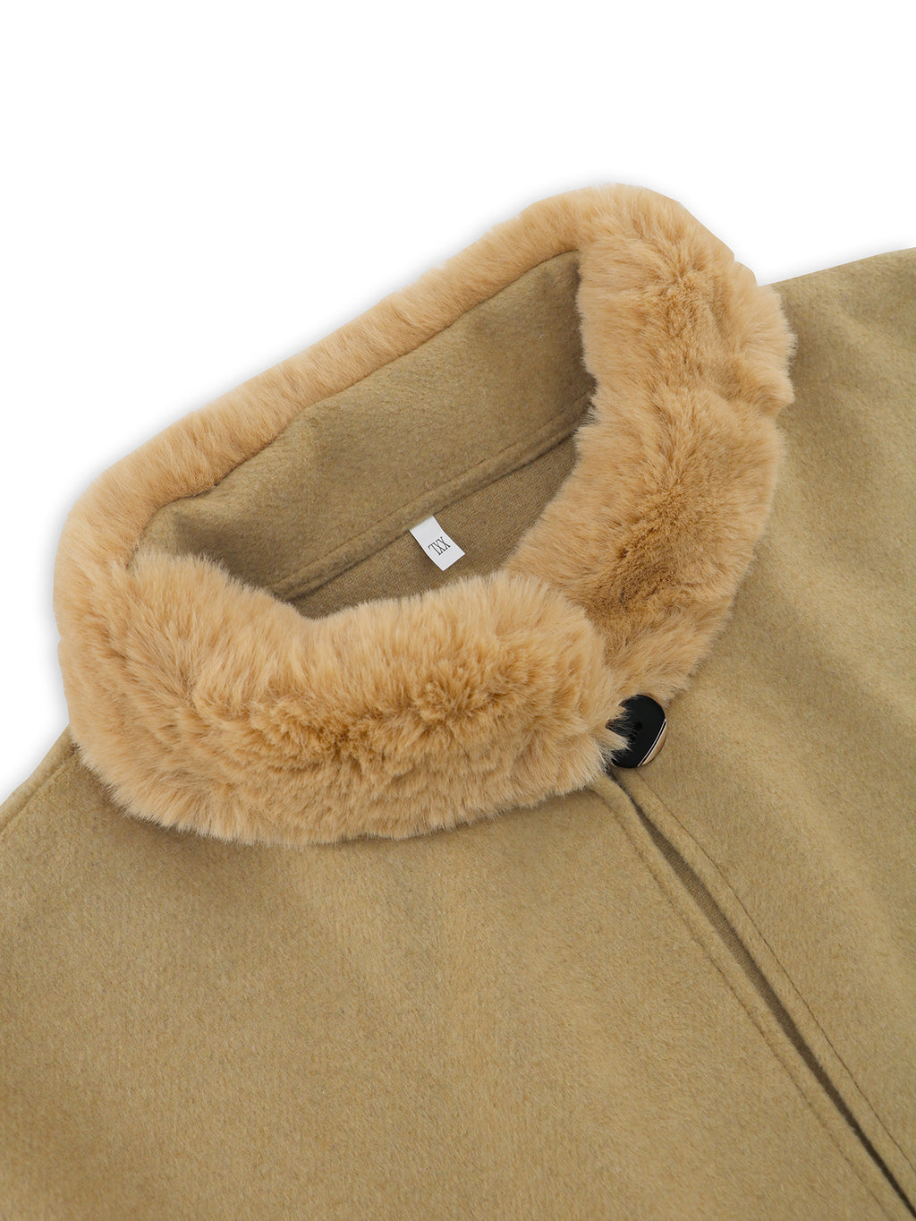 Faux Fur Trim Stand Collar Cape - Khaki - 1