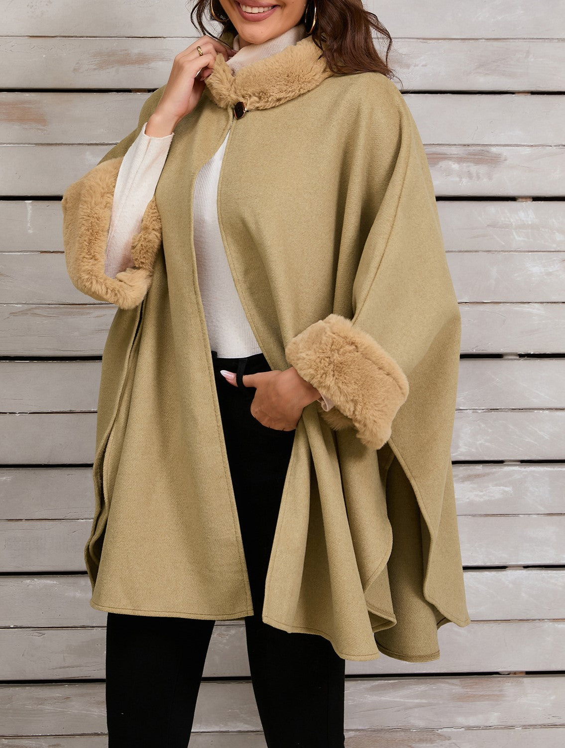 Faux Fur Trim Stand Collar Cape - Khaki - 3
