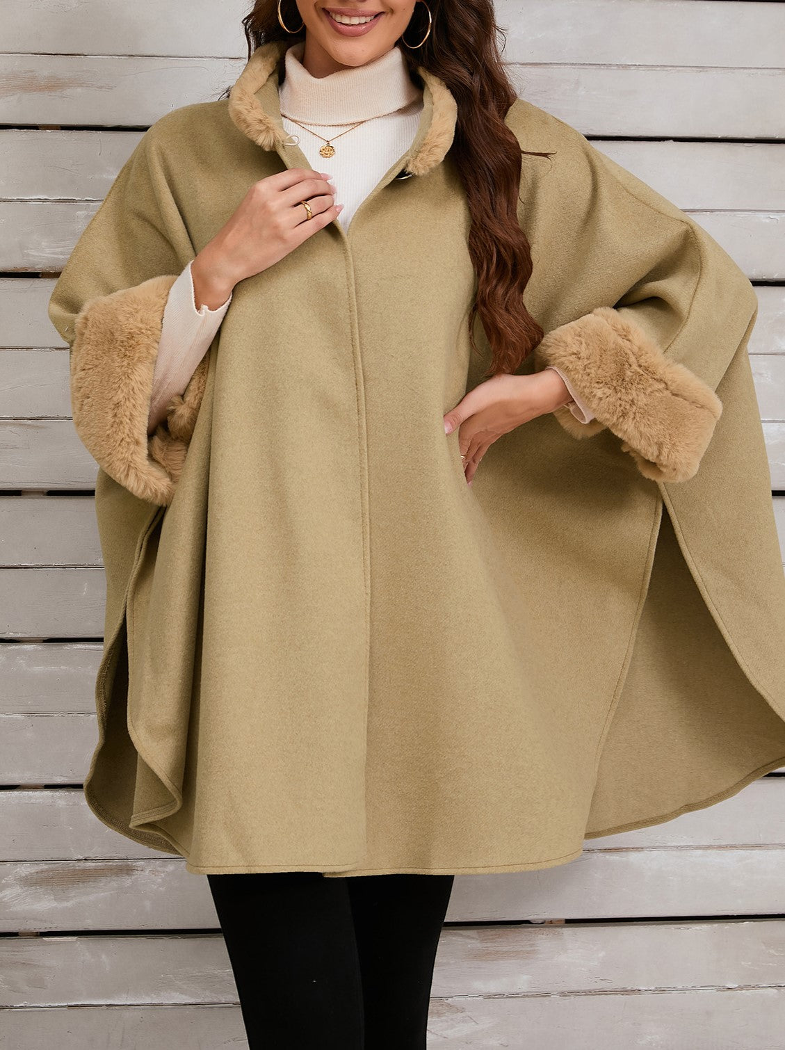 Faux Fur Trim Stand Collar Cape - view 1