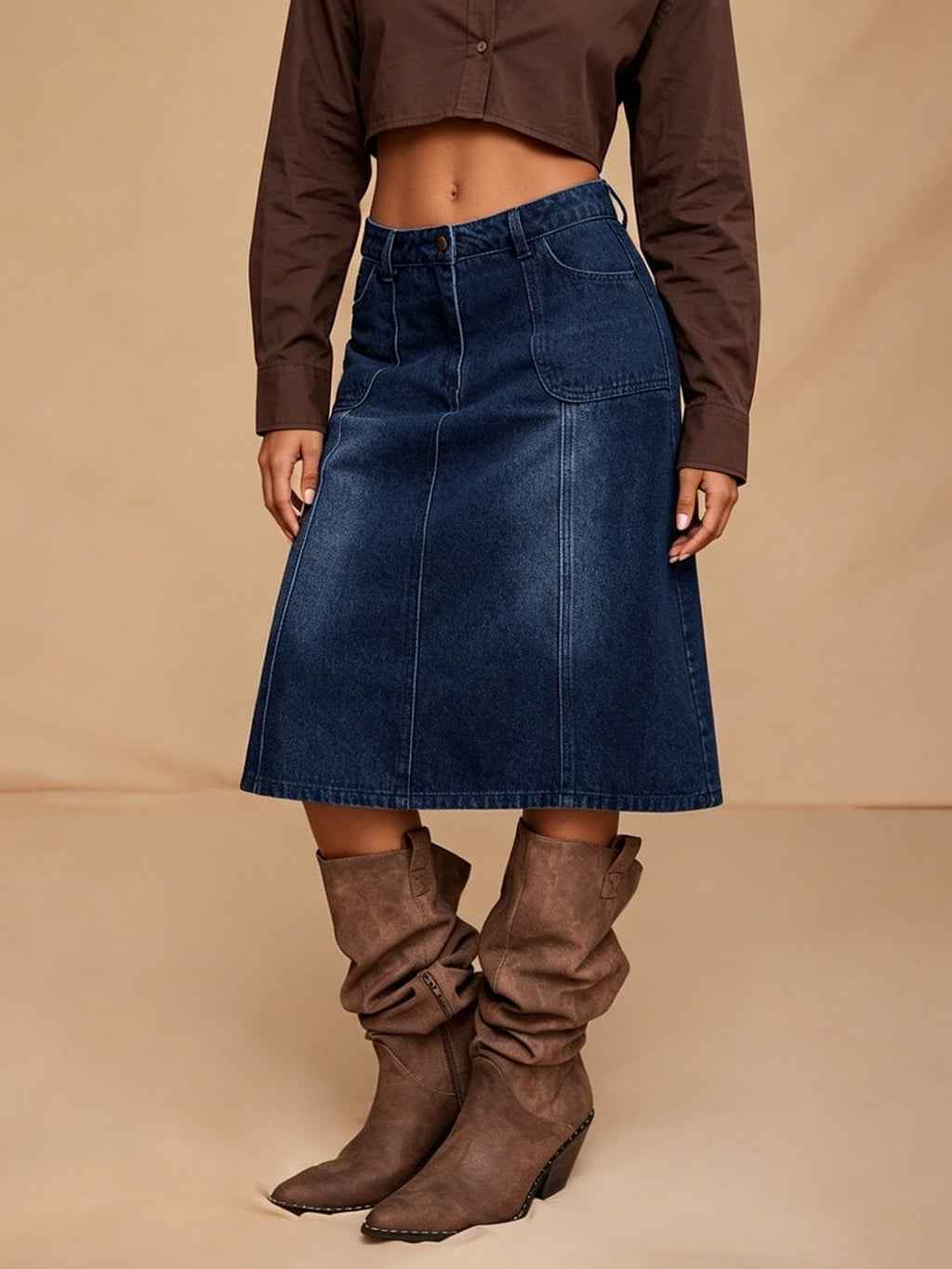 Midi Denim Skirt With Front Pockets - DarkBlue