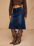 Midi Denim Skirt With Front Pockets - DarkBlue